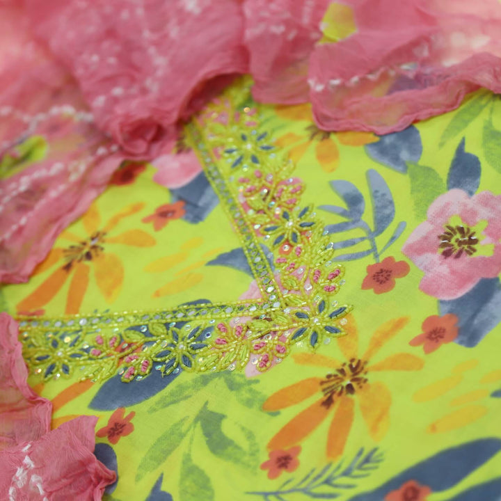 Haseen Neon Green V Neck Floral Printed Cotton Top with Pink Bandhej Chiffon Dupatta Set