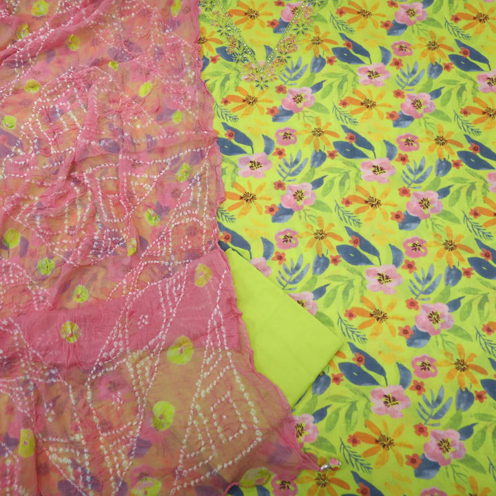 Haseen Neon Green V Neck Floral Printed Cotton Top with Pink Bandhej Chiffon Dupatta Set