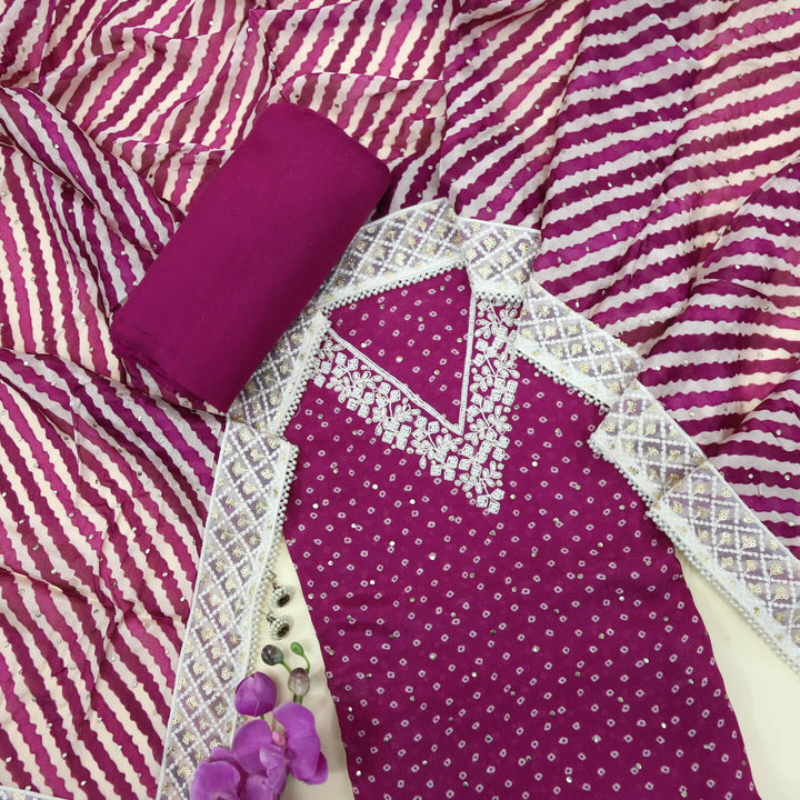 Hayaa Mardi Gras Purple V Neck Bandhej Printed Silk Top with Leheriya Georgette Dupatta Set