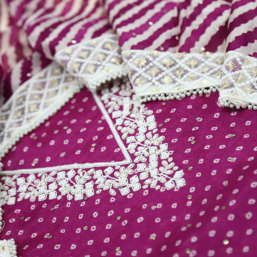 Hayaa Mardi Gras Purple V Neck Bandhej Printed Silk Top with Leheriya Georgette Dupatta Set