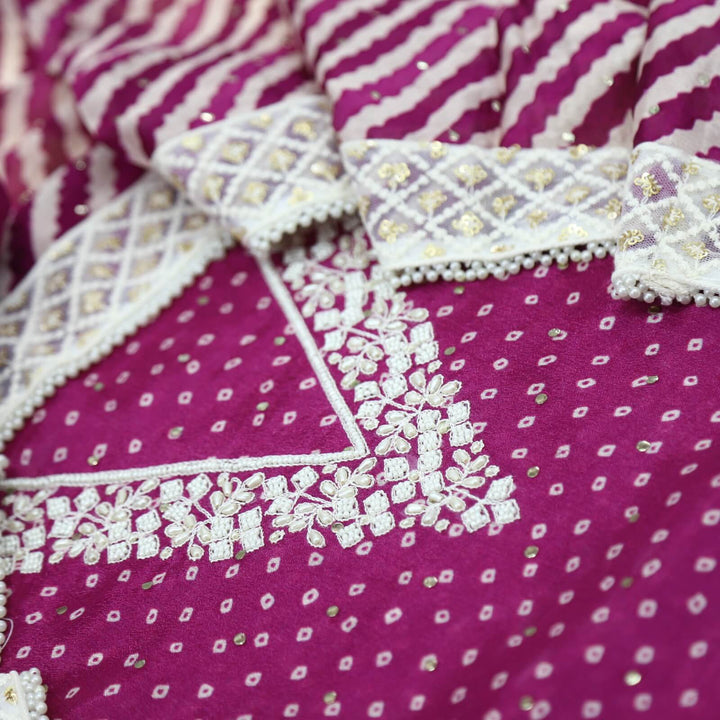 Hayaa Mardi Gras Purple V Neck Bandhej Printed Silk Top with Leheriya Georgette Dupatta Set