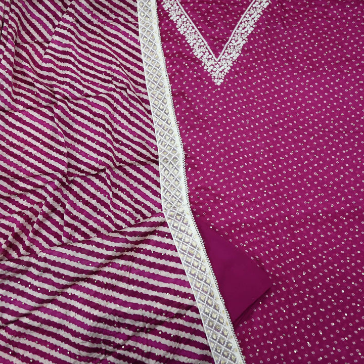 Hayaa Mardi Gras Purple V Neck Bandhej Printed Silk Top with Leheriya Georgette Dupatta Set