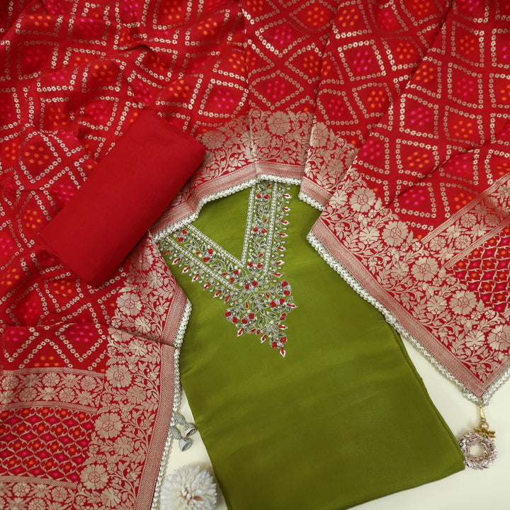 Gehrai Sap Green V Neck Embellished Neck Tissue Chanderi Silk with Banarasi Silk Dupatta Set