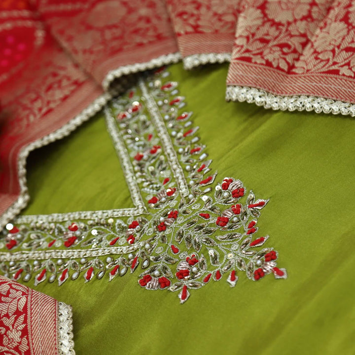 Gehrai Sap Green V Neck Embellished Neck Tissue Chanderi Silk with Banarasi Silk Dupatta Set