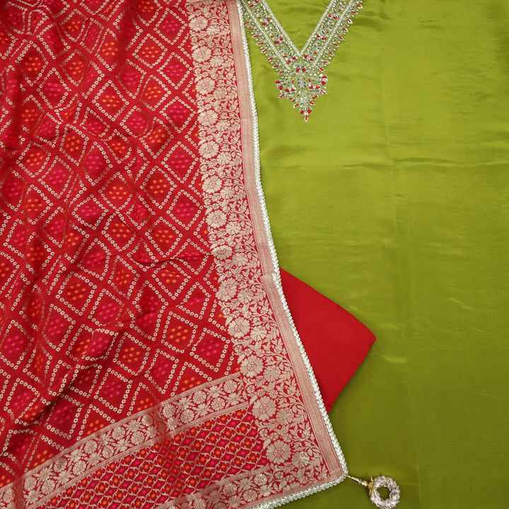 Gehrai Sap Green V Neck Embellished Neck Tissue Chanderi Silk with Banarasi Silk Dupatta Set