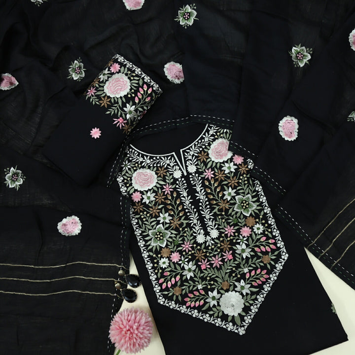 Blissta Vanta Black Thread Neck Work Glazed Cotton Top with Chanderi Silk Dupatta Set