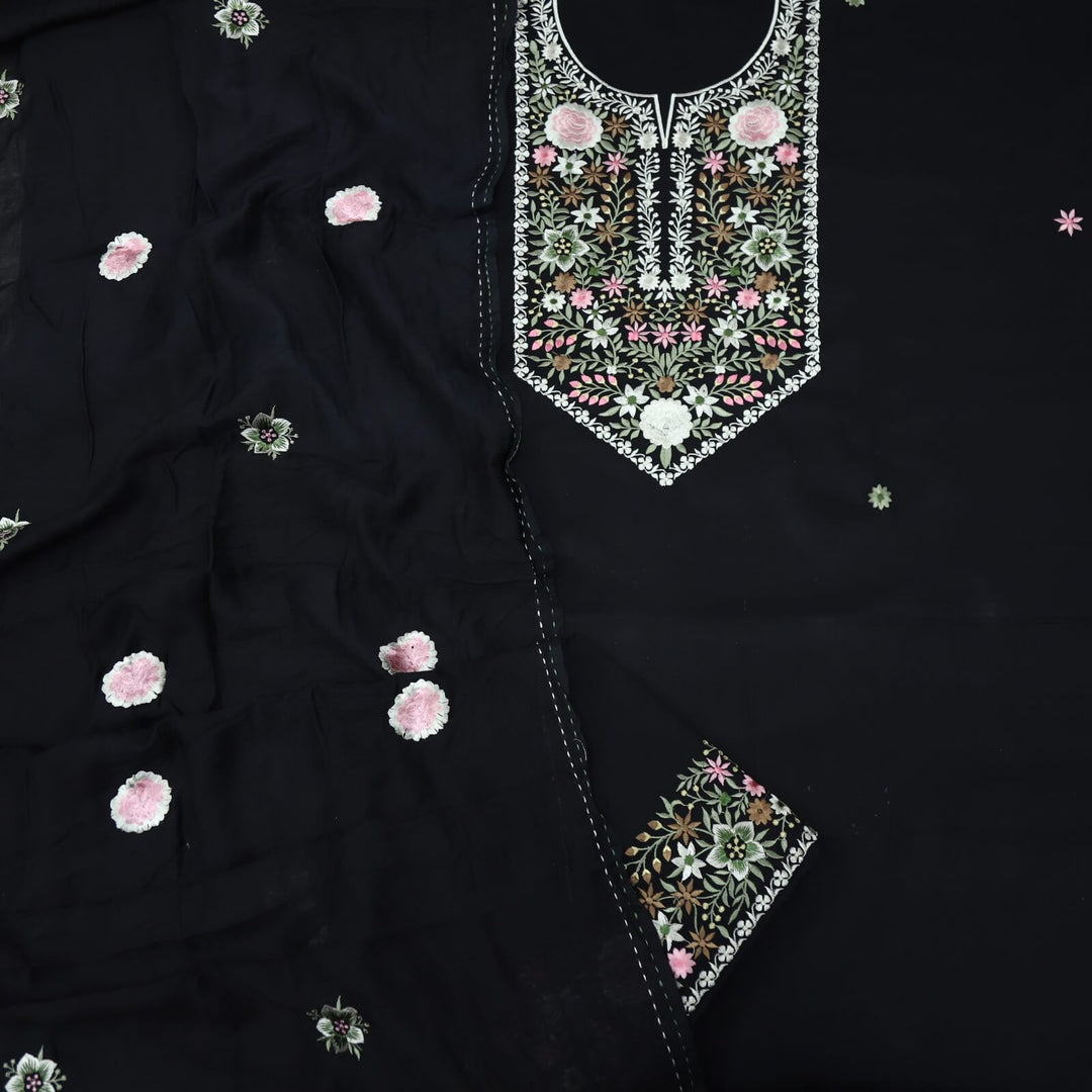Blissta Vanta Black Thread Neck Work Glazed Cotton Top with Chanderi Silk Dupatta Set