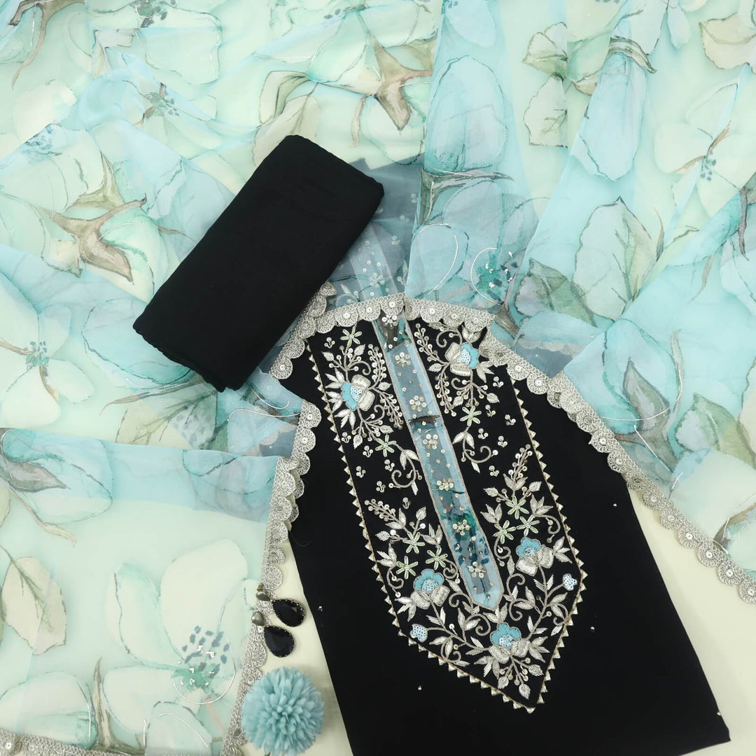 Blissta Super Black Embellished Work Chanderi Top with Floral Printed Organza Dupatta Set