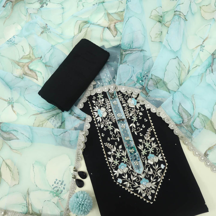 Blissta Super Black Embellished Work Chanderi Top with Floral Printed Organza Dupatta Set