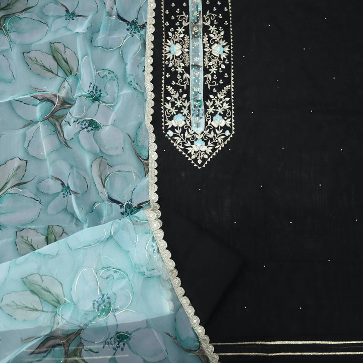 Blissta Super Black Embellished Work Chanderi Top with Floral Printed Organza Dupatta Set