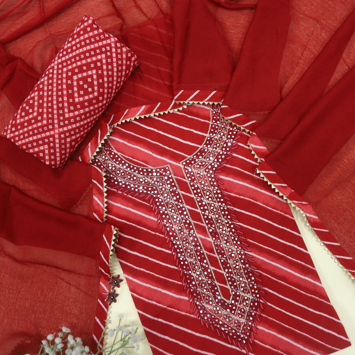 Leher Blood Red Leheriya Embellished Neck Work Cotton Top with Chiffon Dupatta Set