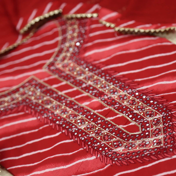 Leher Blood Red Leheriya Embellished Neck Work Cotton Top with Chiffon Dupatta Set