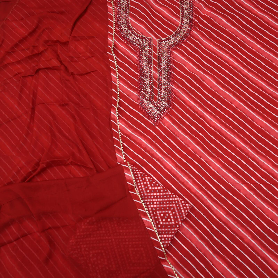 Leher Blood Red Leheriya Embellished Neck Work Cotton Top with Chiffon Dupatta Set