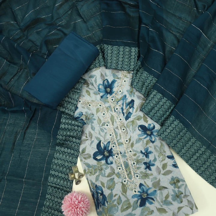 Leher Prussian Blue Embellished Neckline Printed Modal Top With Chanderi Silk Dupatta Set