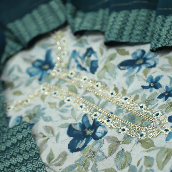 Leher Prussian Blue Embellished Neckline Printed Modal Top With Chanderi Silk Dupatta Set