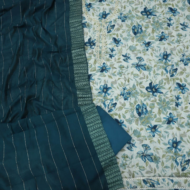 Leher Prussian Blue Embellished Neckline Printed Modal Top With Chanderi Silk Dupatta Set