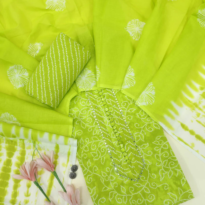 Falaq Parrot Green Printed Cotton Suit with Printed Cotton Dupatta Set