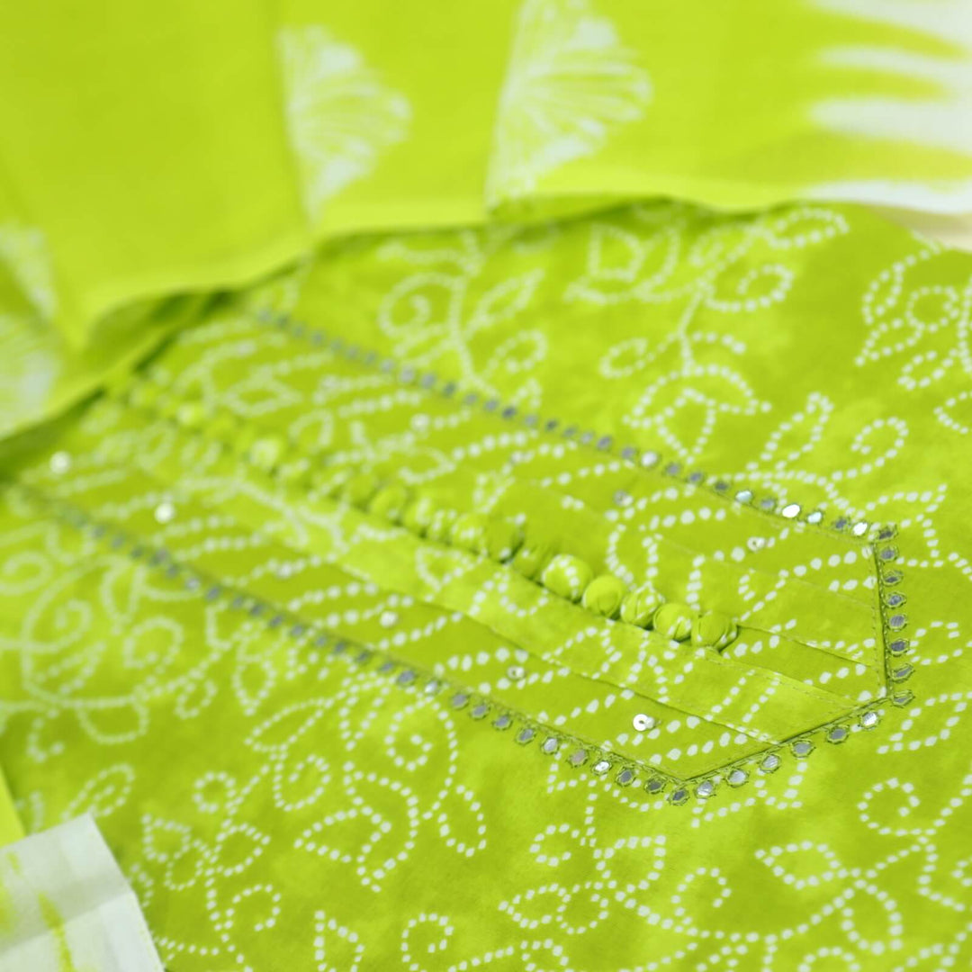 Falaq Parrot Green Printed Cotton Suit with Printed Cotton Dupatta Set