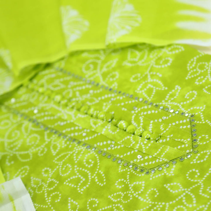 Falaq Parrot Green Printed Cotton Suit with Printed Cotton Dupatta Set