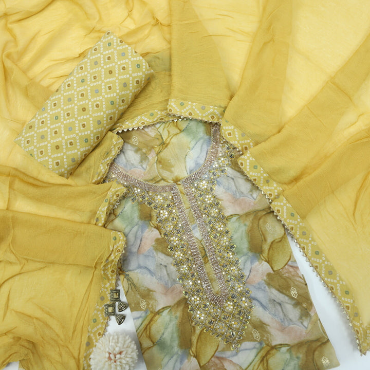 Dastoor Dandelion Yellow Embellished Neck Work Modal Top with Chiffon Dupatta Set
