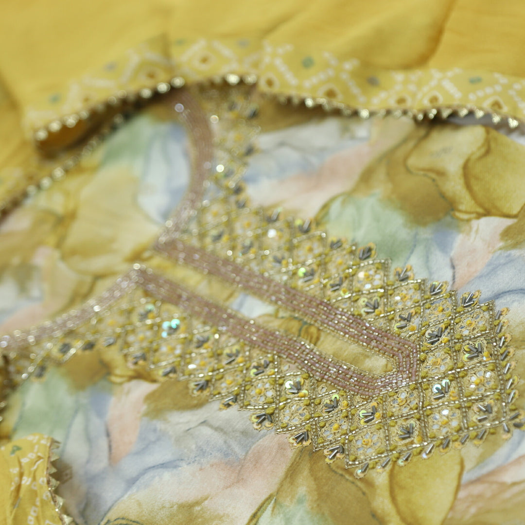 Dastoor Dandelion Yellow Embellished Neck Work Modal Top with Chiffon Dupatta Set