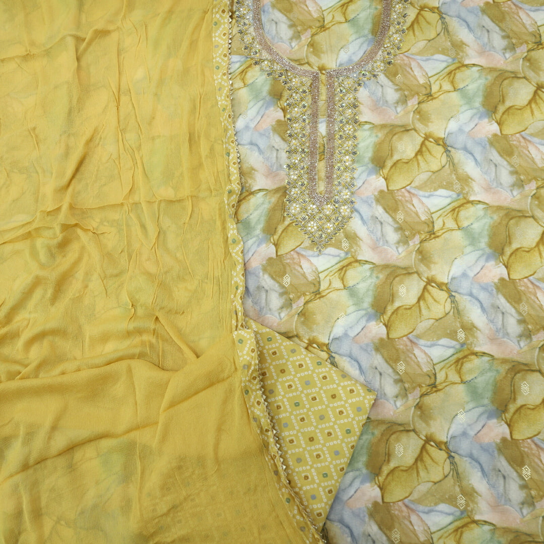 Dastoor Dandelion Yellow Embellished Neck Work Modal Top with Chiffon Dupatta Set