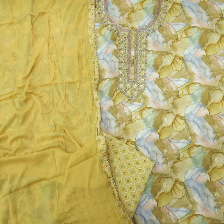 Dastoor Dandelion Yellow Embellished Neck Work Modal Top with Chiffon Dupatta Set
