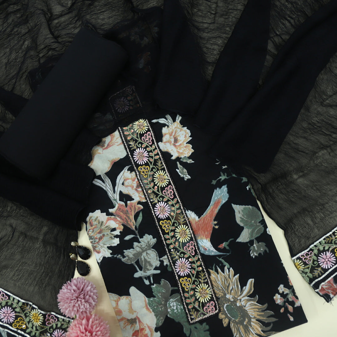 Blissta Ebony Black Digital Printed Floral Cotton Top with Chiffon Dupatta Set