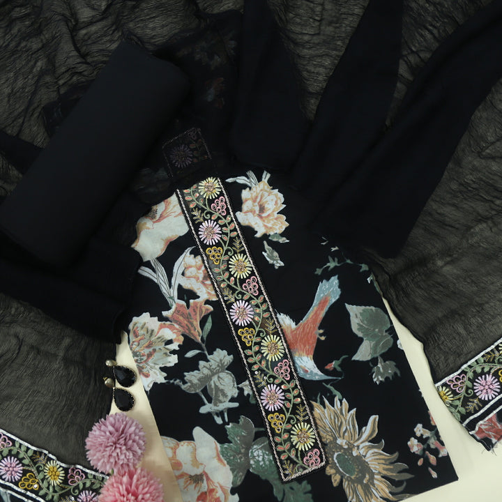 Blissta Ebony Black Digital Printed Floral Cotton Top with Chiffon Dupatta Set