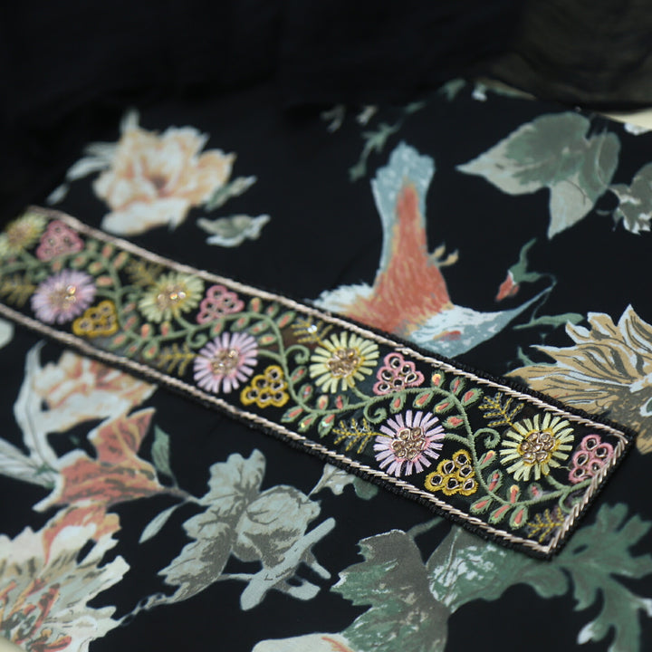 Blissta Ebony Black Digital Printed Floral Cotton Top with Chiffon Dupatta Set