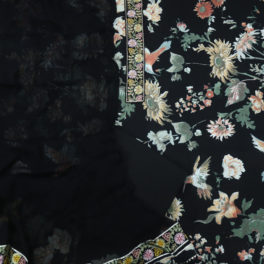 Blissta Ebony Black Digital Printed Floral Cotton Top with Chiffon Dupatta Set