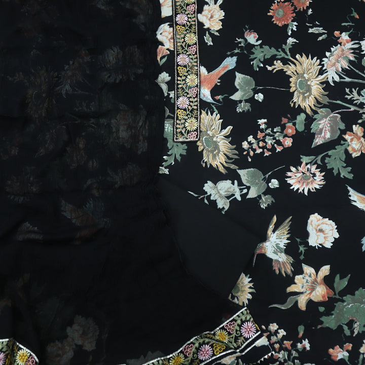 Blissta Ebony Black Digital Printed Floral Cotton Top with Chiffon Dupatta Set