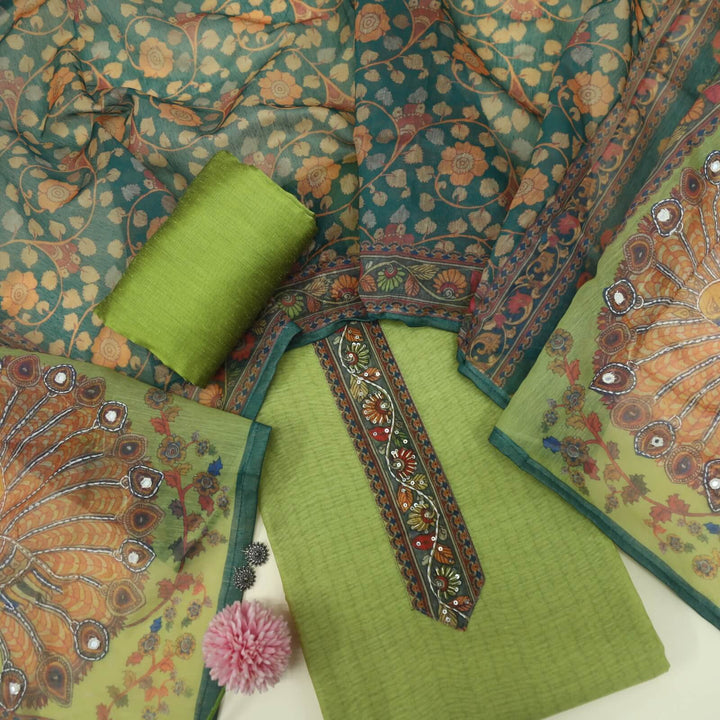 Ghoomar Olive Green Chanderi Top with Madhubani Kantha Dupatta Set