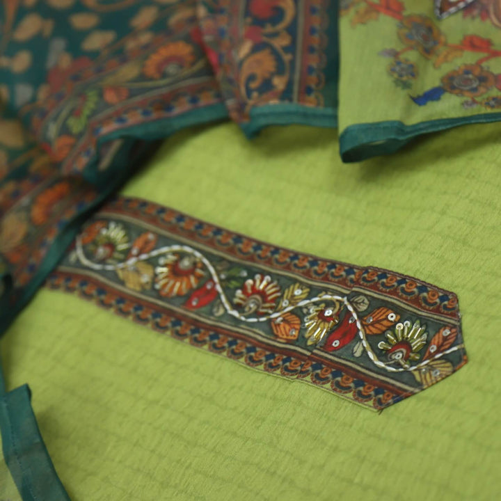 Ghoomar Olive Green Chanderi Top with Madhubani Kantha Dupatta Set