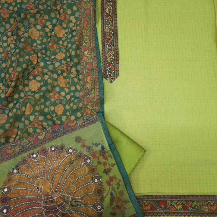 Ghoomar Olive Green Chanderi Top with Madhubani Kantha Dupatta Set
