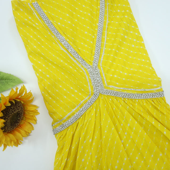 Bumblebee Yellow Leheriya Printed Alia Cut Unstitch Cotton Top