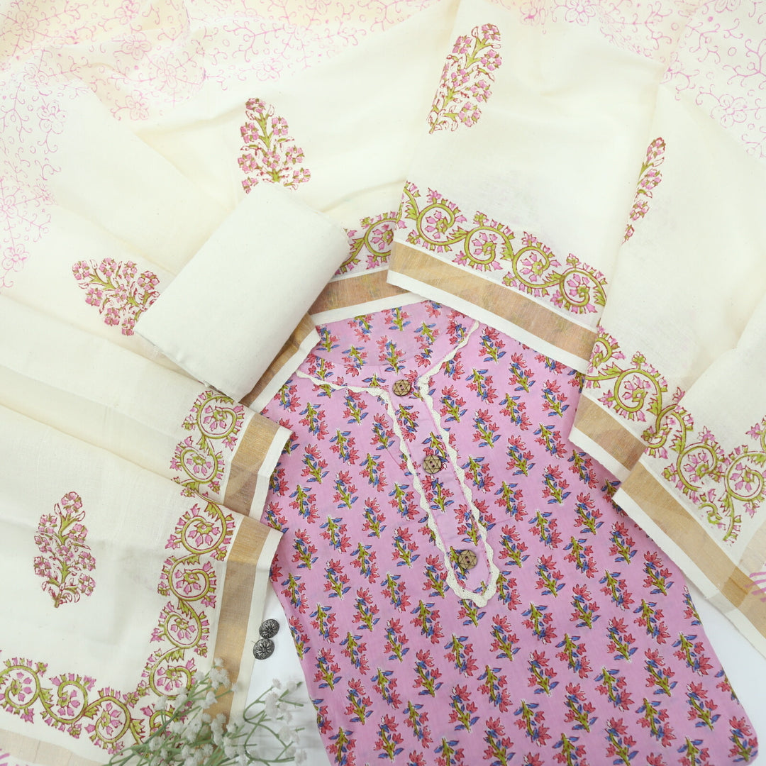 Paakija Light Violet Floral Printed Semi Stitched Cotton Top with Chanderi Dupatta Set
