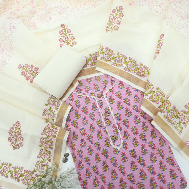 Paakija Light Violet Floral Printed Semi Stitched Cotton Top with Chanderi Dupatta Set