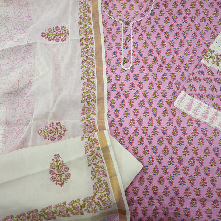 Paakija Light Violet Floral Printed Semi Stitched Cotton Top with Chanderi Dupatta Set
