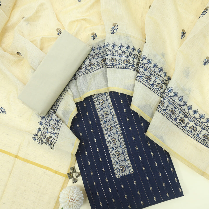 Ulfat Dark Denim Blue Weaved Cotton Top with Thread Work Chanderi Dupatta Set