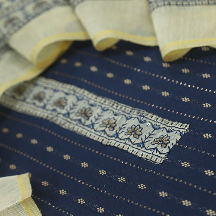 Ulfat Dark Denim Blue Weaved Cotton Top with Thread Work Chanderi Dupatta Set