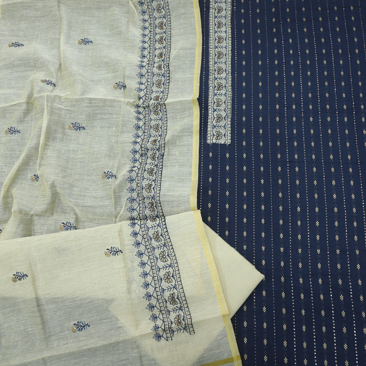 Ulfat Dark Denim Blue Weaved Cotton Top with Thread Work Chanderi Dupatta Set