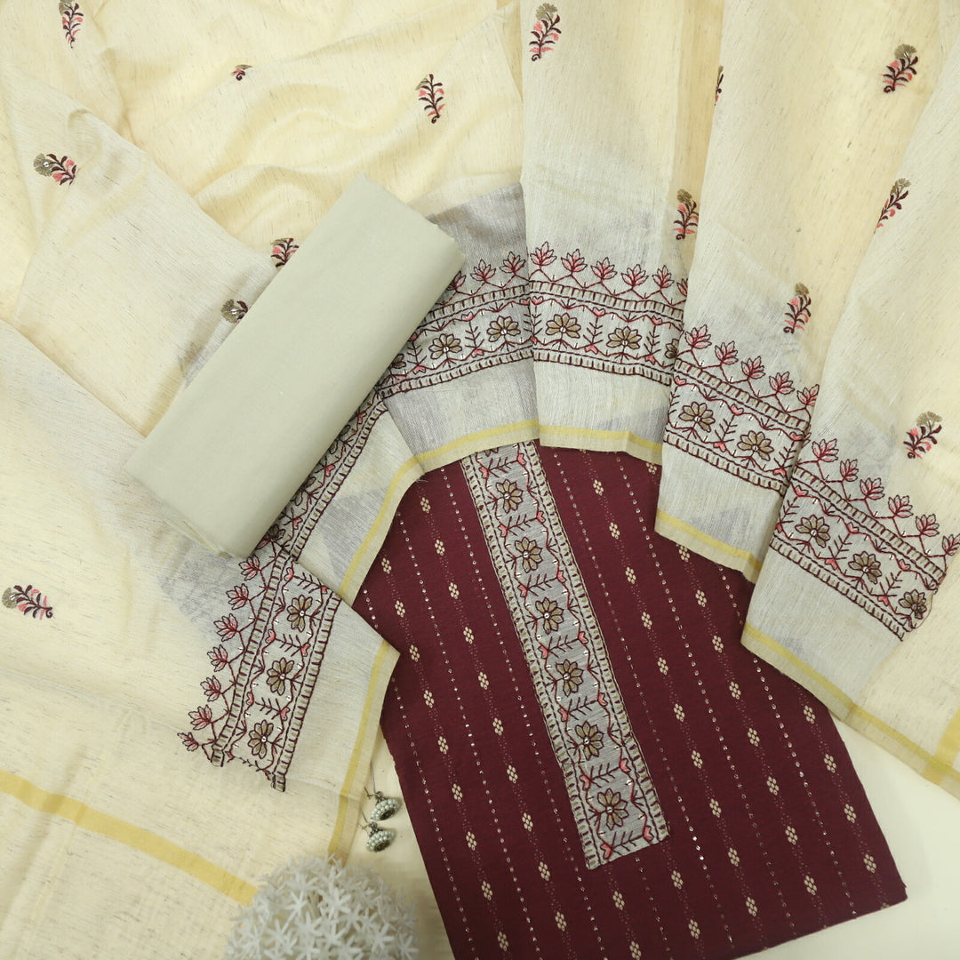 Ulfat Sangria Red Weaved Cotton Top with Thread Work Chanderi Dupatta Set