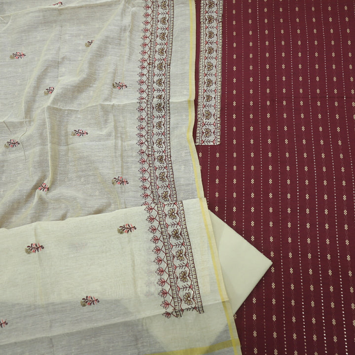 Ulfat Sangria Red Weaved Cotton Top with Thread Work Chanderi Dupatta Set