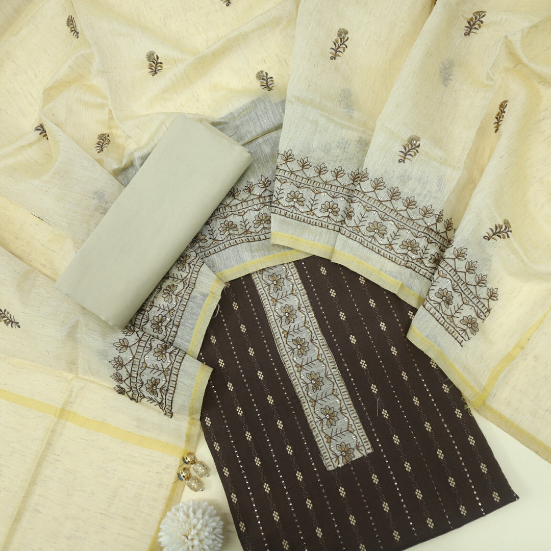 Ulfat Coffee Brown Weaved Cotton Top with Thread Work Chanderi Dupatta Set