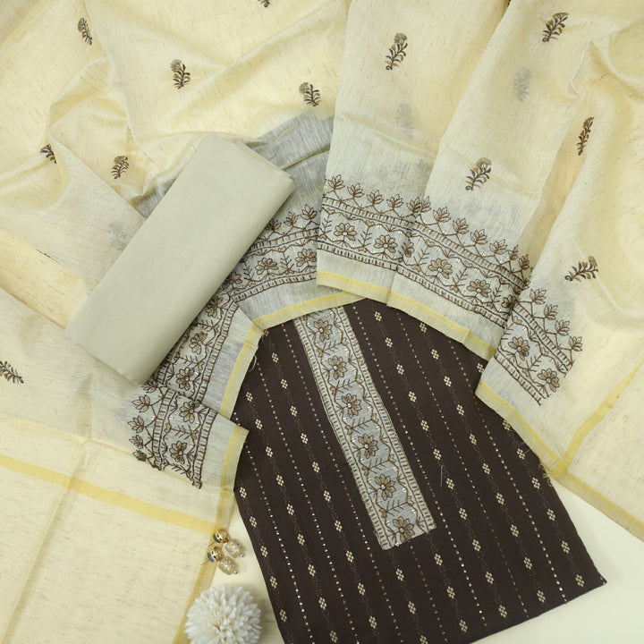 Ulfat Coffee Brown Weaved Cotton Top with Thread Work Chanderi Dupatta Set