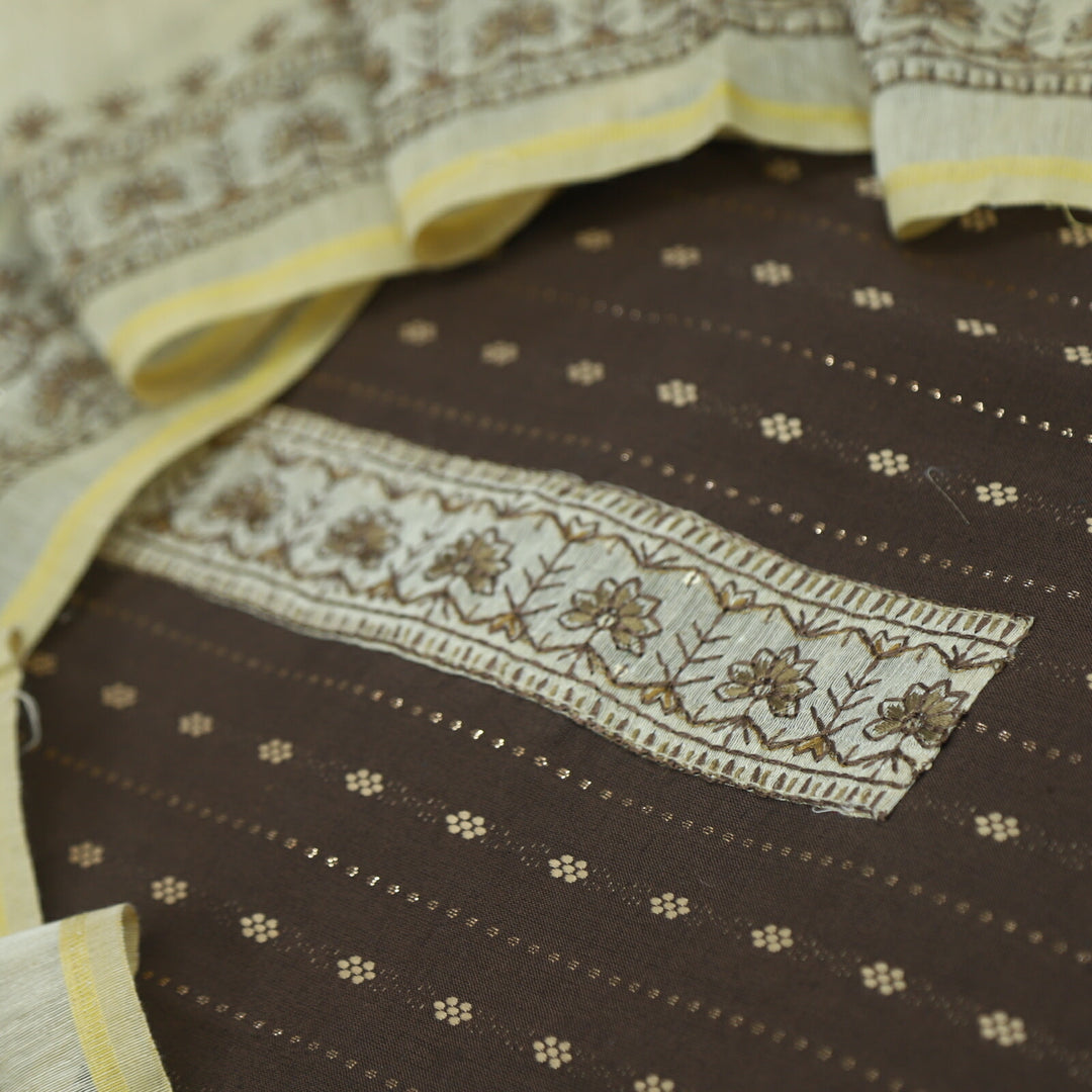 Ulfat Coffee Brown Weaved Cotton Top with Thread Work Chanderi Dupatta Set
