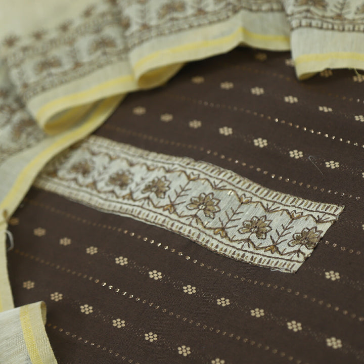 Ulfat Coffee Brown Weaved Cotton Top with Thread Work Chanderi Dupatta Set