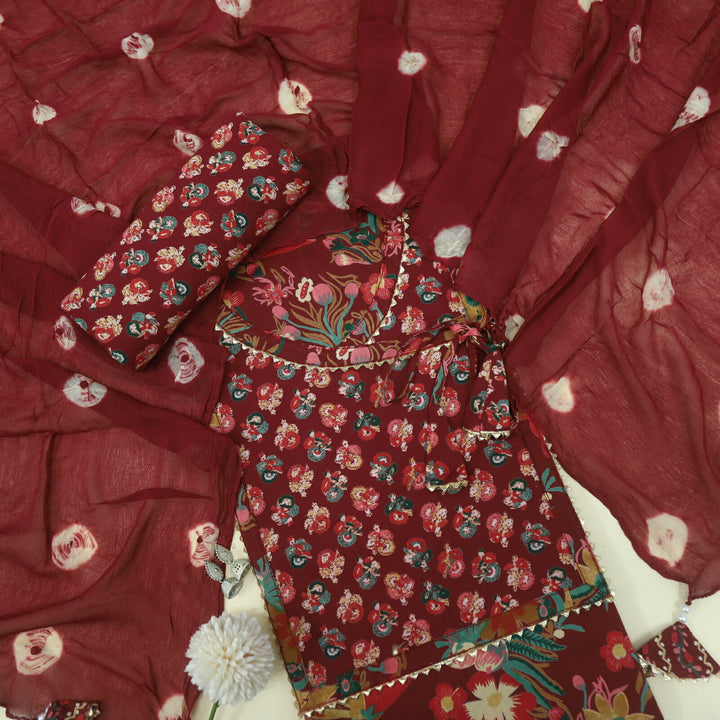 Mughal Carmine Red Floral Printed Angrakha Cotton Top with Bandhani Print Chiffon Dupatta Set