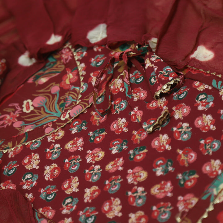 Mughal Carmine Red Floral Printed Angrakha Cotton Top with Bandhani Print Chiffon Dupatta Set